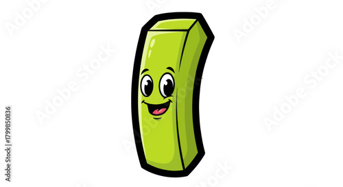 Cute cartoon green french fry character with a happy face.