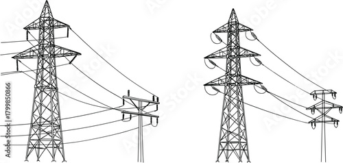 Electrical transmission towers vector, high voltage pylons illustration, power line infrastructure, energy distribution system, lattice steel structure, utility poles with insulators artwork