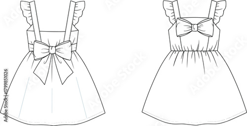 cad drawing flat vector, girl dress design, fashion sketch, children clothing, ruffle sleeve dress, bow detail, garment illustration, pattern making