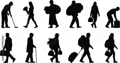 Silhouette set of people carrying bouquets, bags, suitcases, and metal detectors in black vector lifestyle style