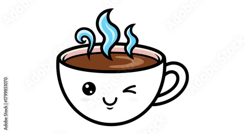 Cute Kawaii Coffee Cup Winking with Steam.