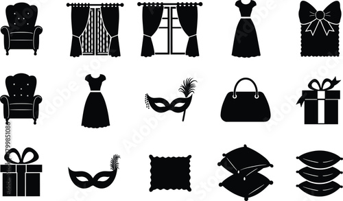 Cad drawing flat vector, home decor icons, fashion silhouette, gift box design, pillow illustration, masquerade mask, handbag, window, dress