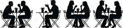 Silhouette set of seated pairs talking over drinks with potted plants at round tables in black vector style