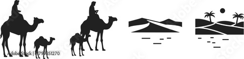 Camel silhouette illustration, desert landscape vector, oasis palm tree art, nomadic travel scene, Middle East culture, sand dunes, caravan journey graphic