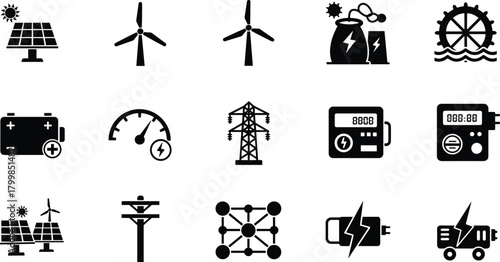 Energy generation and distribution icons set, renewable power vector illustration, solar wind nuclear