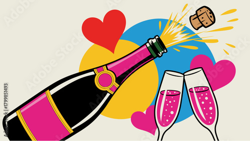 Pink sparkling wine bottle popping with hearts in pop art style