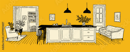 A cartoon drawing of a kitchen and living room with a yellow background. The kitchen has a counter and a sink, and the living room has a couch