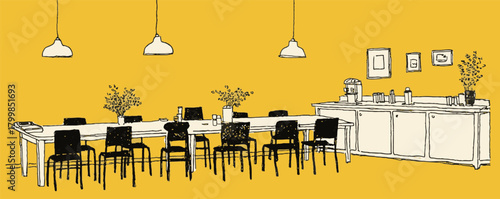 A yellow room with a long table and many chairs. The chairs are arranged in rows and the table is long. There are potted plants and vases on the table