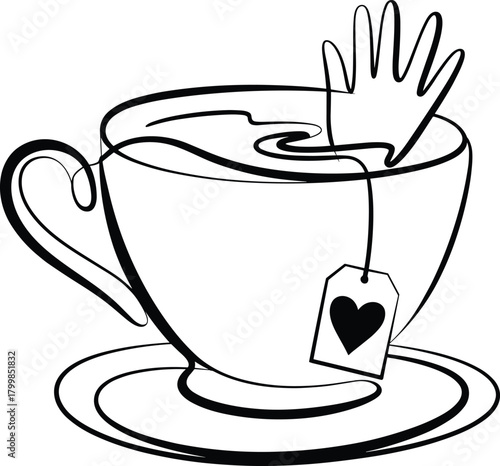 Surreal teacup illustration with tea bag, heart tag, and emerging hand in dramatic black vector style