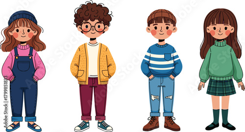 Cartoon children illustration, diverse kids fashion, cute boys and girls, casual outfits, trendy clothing, vector art, character design, stock image