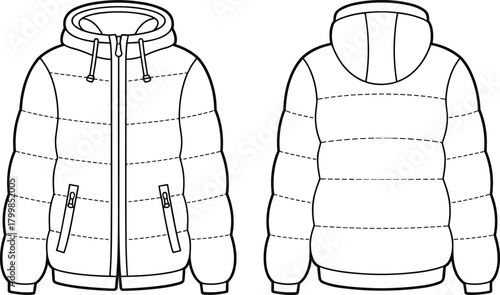Technical flat sketch of hooded puffer jacket with zipper, quilted panels, and ribbed cuffs in black vector style