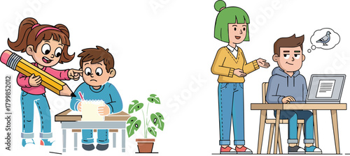 Cartoon children studying, girl helping boy with homework, tutoring illustration, kids learning together, school project teamwork, online research, vector education concept, classroom support