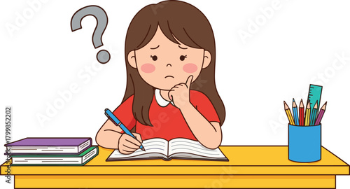 Cartoon girl studying at desk, confused student doing homework, thinking child with question mark, education learning concept, school illustration, vector art