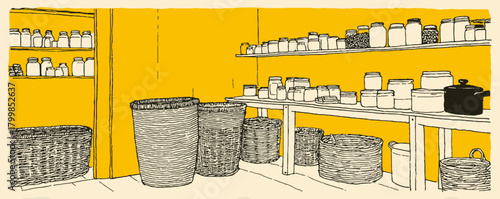 A yellow room with shelves full of jars and baskets. The jars are of different sizes and shapes, and the baskets are woven. The room has a rustic