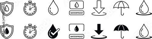 Waterproof and durability icon set with droplets, shields, stopwatches, arrows, and umbrellas in black vector style