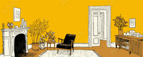 A room with a fireplace, a chair, and a potted plant. The room is yellow and has a cozy atmosphere