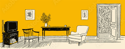 A cartoon drawing of a living room with a television, a chair, a table, and a vase