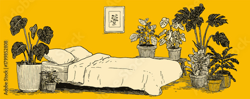 A bed with a yellow background and a picture of a plant on it. The bed is surrounded by potted plants and a vase