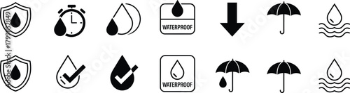 Waterproof icon set with droplets, shields, umbrellas, labels, arrows, and filled variants in black vector style