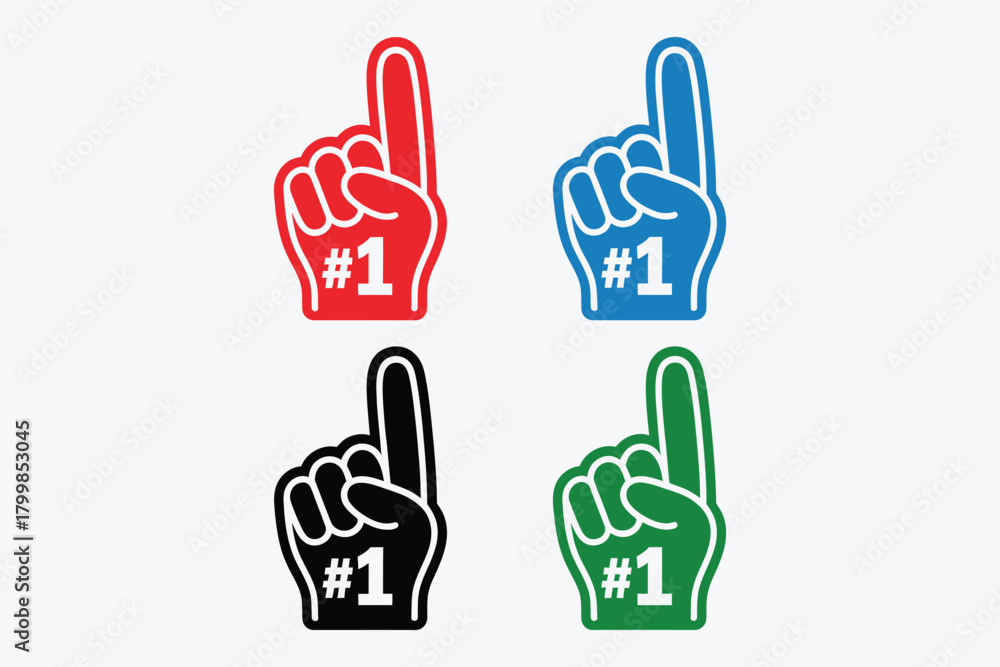 Obraz premium fan foam hands number one set, vector illustration of sports fan finger gloves with #1 sign, featuring red, blue, green, and black icons for game support, cheering energy, and winner champion themes.