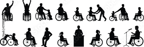 Wheelchair user silhouette set with speaking, celebrating, assisting, parenting, and social interaction in black vector style