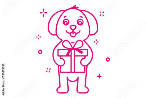 Smiling pink outline dog holds a gift box and looks happy on white