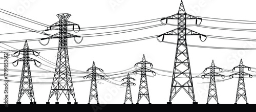 High voltage transmission towers silhouette vector set, electricity distribution infrastructure illustration, power lines artwork, energy system concept, electrical grid design elements