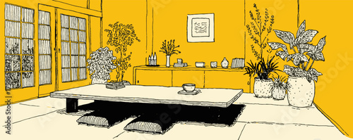 A yellow room with a table and chairs, and a large potted plant in the corner. The room has a minimalist design and a calm, serene atmosphere