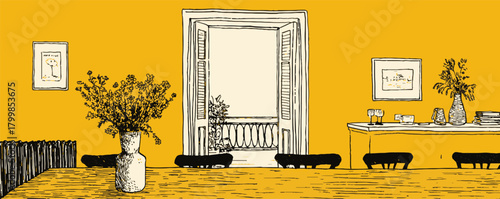 A yellow room with a vase of flowers on a table. The room is empty except for the vase and a few chairs