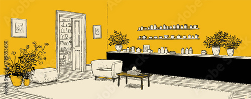 A room with a yellow wall and a door. There are two chairs and a table in the room. A vase is on the table