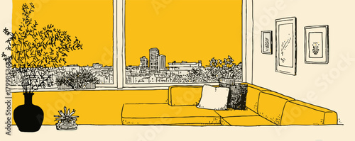 A yellow couch is in a room with a window and a potted plant. The couch is in the corner of the room and is the main focus of the image