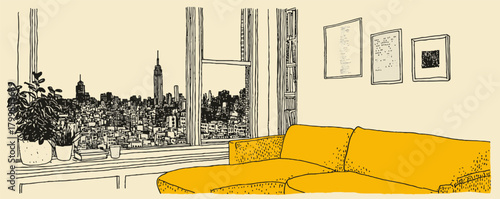 A yellow couch is in a room with a view of a city. The couch is the main focus of the image