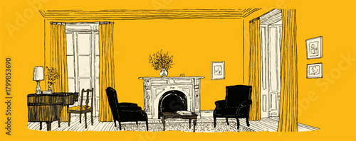 A yellow and black drawing of a living room with a fireplace and two chairs. The room is very simple and clean, with a yellow wall and a black