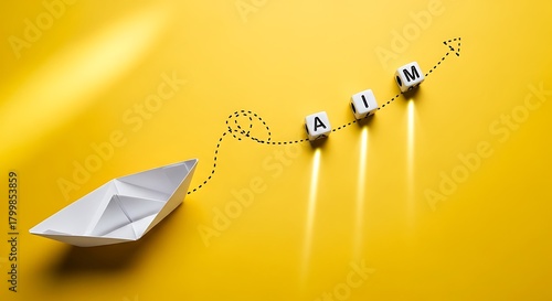 Paper boat sailing towards the word aim, symbolizing goal setting and achievement on a yellow background