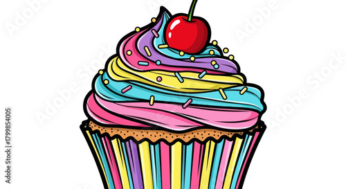 Colorful cupcake with rainbow frosting and a cherry on top, delicious dessert.