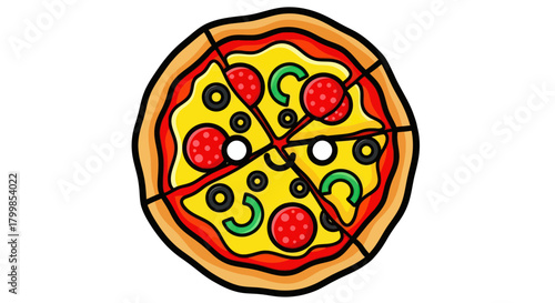 Colorful cartoon drawing of a whole sliced pizza with toppings.