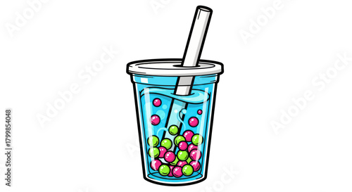 Colorful Boba Tea Drink with Tapioca Pearls and Straw.