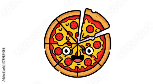 Cartoon Pizza Character with Missing Slice and Googly Eyes.