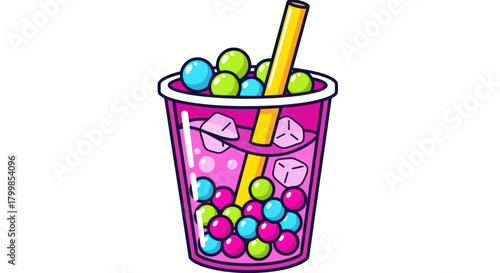 Colorful bubble tea drink with straw and ice cubes refreshing beverage.