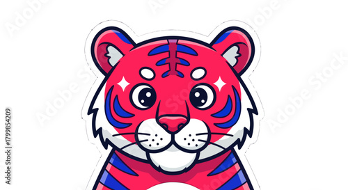 Cartoon tiger face with pink and blue stripes looking forward.