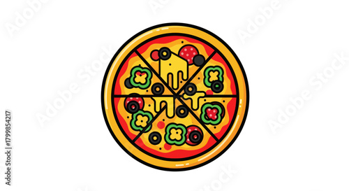 Colorful cartoon pizza with cheese and vegetable toppings.