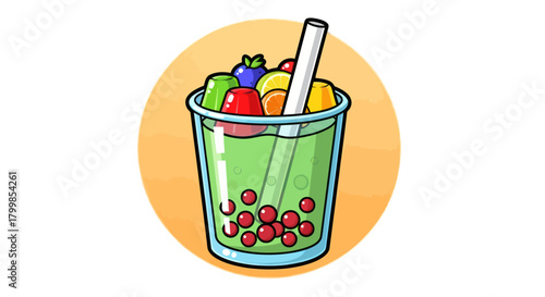 Colorful fruit bubble tea with boba pearls cartoon illustration.