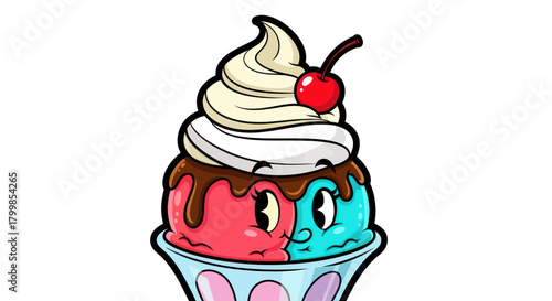 Cartoon ice cream sundae with cherry on top and smiling faces.