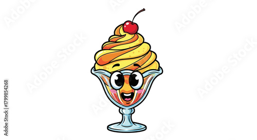 Cartoon Ice Cream Sundae Character with Cherry Topping and Googly Eyes.