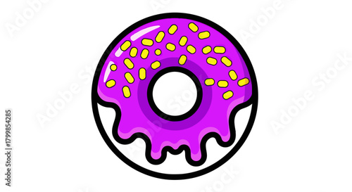 Colorful illustrated donut with purple glaze and yellow toppings.