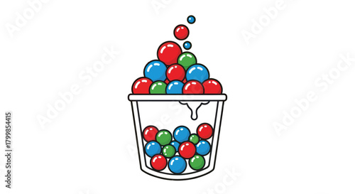 Colorful balls overflowing from a transparent container, vibrant and playful.