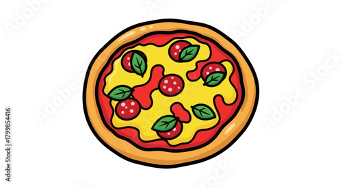 Cartoon Pizza with Tomatoes, Basil, and Melted Cheese Illustration.