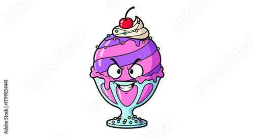 Cartoon ice cream sundae with a cherry on top and a face.
