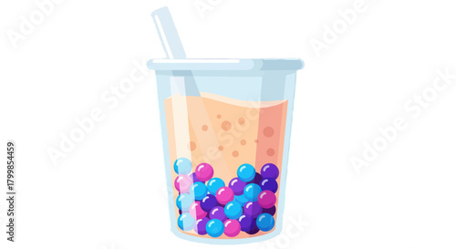 Colorful bubble tea with vibrant tapioca pearls in a clear plastic cup.