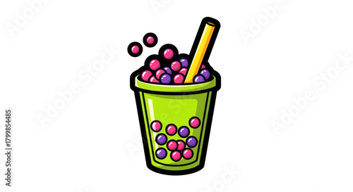 Colorful Bubble Tea Drink with Tapioca Pearls and Straw.
